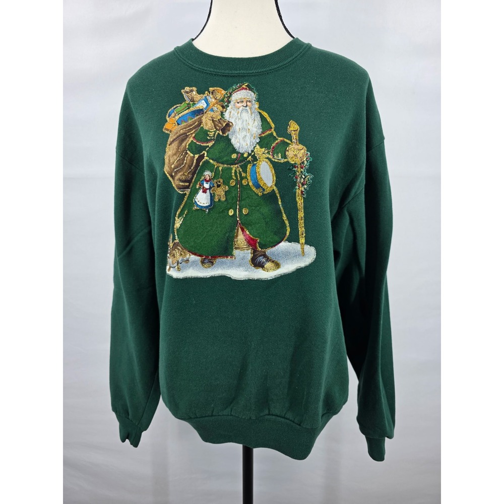 Vintage Jerzees Santa Claus Christmas Sweatshirt Green Medium Made in USA